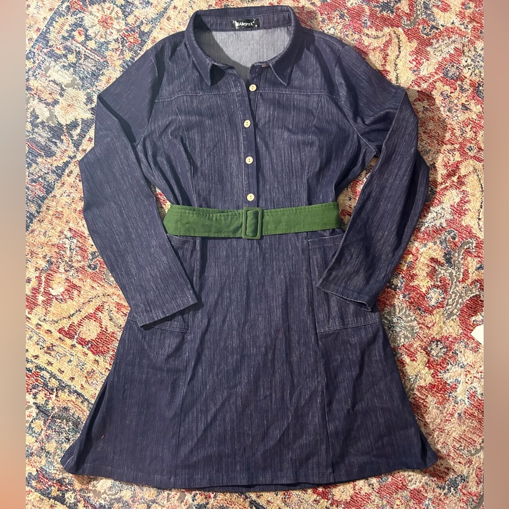 Allegra K Dark Blue Dress with Green Belt